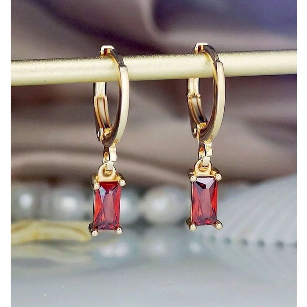 Red Rectangle Zirconia Crystal Drop Hoop Earrings Gold Emerald Cut Gemstone New